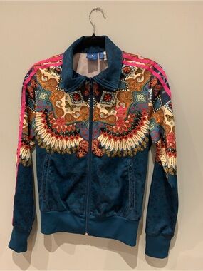 adidas Women's Teal Paisley Track Jacket with Pink Stripes